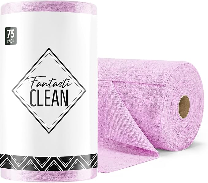 Fantasticlean Microfiber Cleaning Cloth Roll -75 Pack Tear Away Microfiber Towels 12 x 12 Reusable Washable Scratch Free Ultra Absorbent Dishcloth for All-Around Cleaning Supplies (Purple)