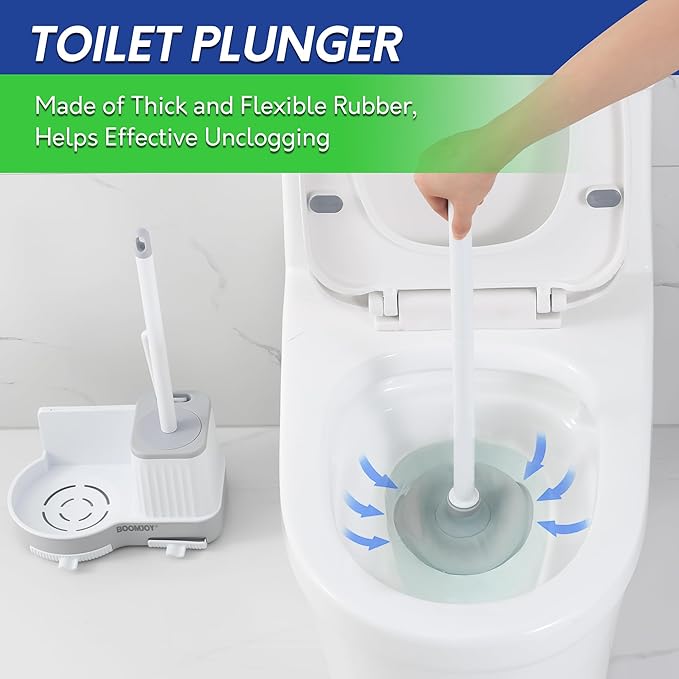 BOOMJOY Toilet Brush and Plunger Set with Crevice Cleaning Brush White Plunger and Brush Combo with Hidden Holder Bathroom Plunger and Toilet Bowl Brush Set Heavy Duty