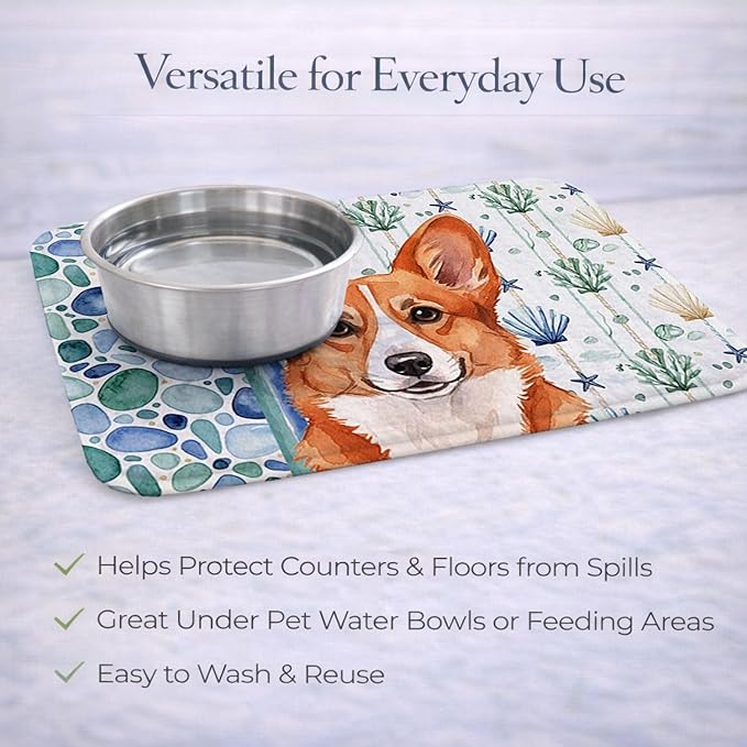 Caroline's Treasures Red Cardigan Welsh Corgi Coastal Sea Glass Dish Drying Mat Absorbent Dish Drying Mat Pad for Kitchen Counter Dish Drainer Mat for Countertop 14 x 21 Multicolor