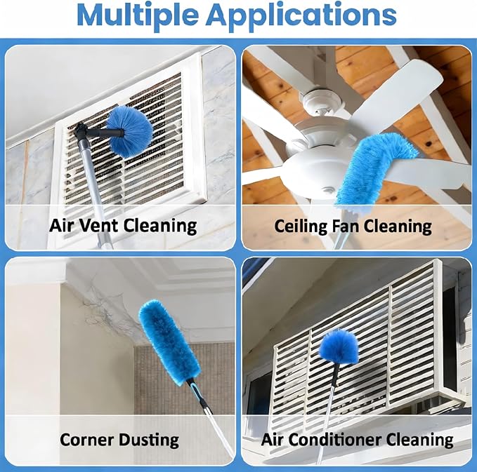 25ft High Ceiling Duster Kits with 5-18ft Heavy Duty Extension Pole - Fan Blade Cleaner Cobweb Remover &amp Blue Window Squeegee Kit Washable Dust Brush for High Roof and Glass Surfaces