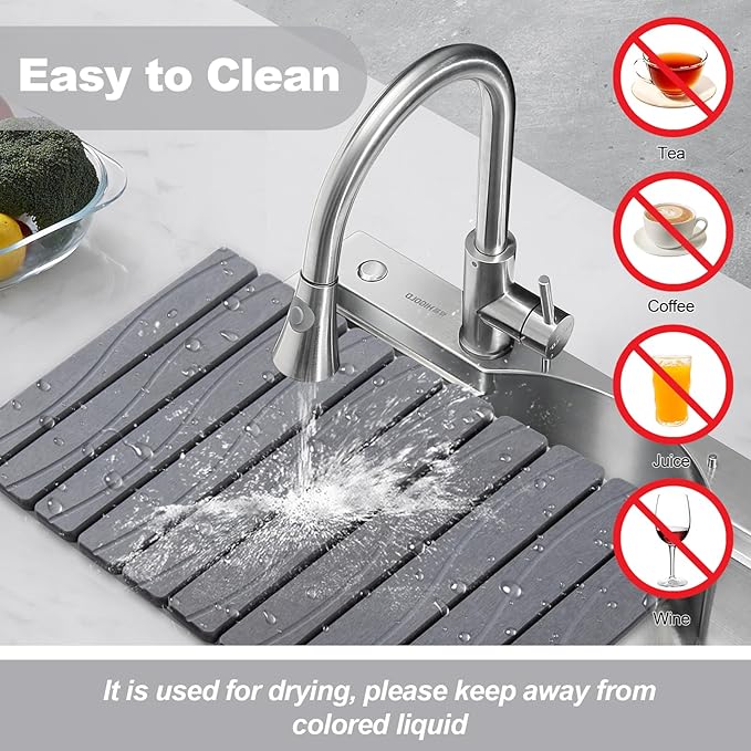 Stone Drying Mat for Kitchen Counter 24x16 Large Diatomaceous Earth Stone Dish Drying Mat Fast Absorbing Foldable Quick Dry Stone Sink Mat for Dishes Pans &amp Kitchen Utensils (Gray)