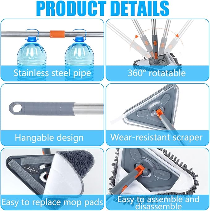 360° Rotatable Wall Mop with Long Handle Extension Pole Wall Cleaning Mop Triangle Dry and Wet Dust Wall Cleaner Mops(Type D)
