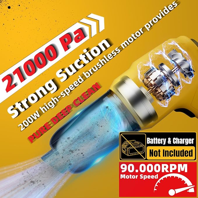 3 in 1 Handheld Car Vacuum Compatible with Dewalt 20V Battery with 21000pa Strong Suction Handheld Vacuum Cordless &amp Blower with 200W Brushless Motor Mini Vacuum Cleaner for Car Home (No Batter