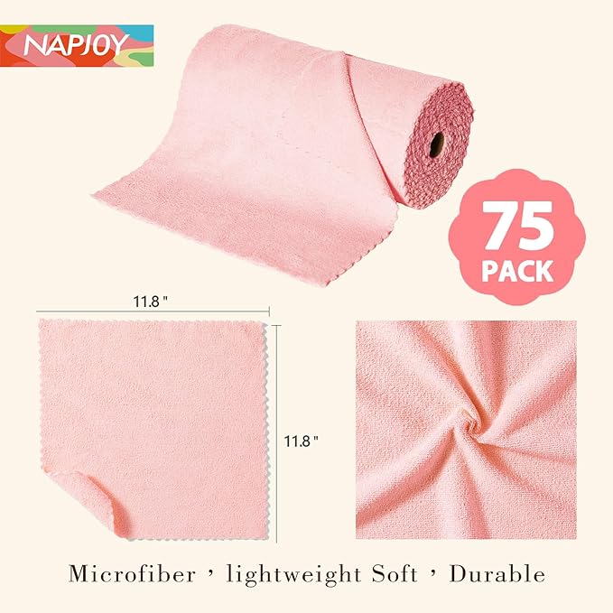 Napjoy Microfiber Cleaning Cloth Roll 75PK Easy Tear Away Reusable Paper Towels 12 x 12 Lint-Free and Scratch-Free with Patented Fiber Technology Microfiber Towel Roll Pink