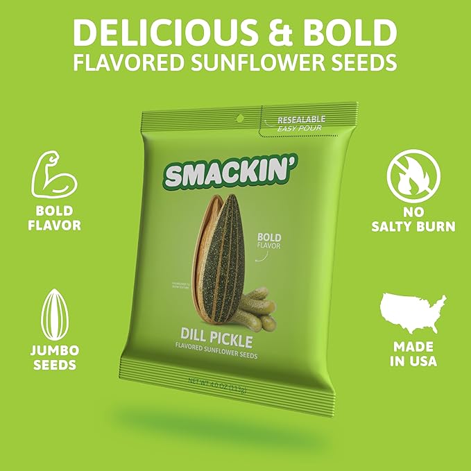 SMACKIN' - Jumbo Roasted Sunflower Seeds No Salty Burn American Made Easy Pour &amp Seal - Dill Pickle 4oz bag (12 Bags)