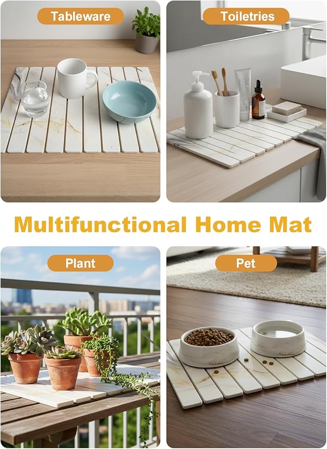 Large Stone Drying Mat for KitchenCounter24(L)×16(W)Collapsible Absorbent Diatomaceous Earth Dish Drying MatQuick-Dry Draining Mat for Dishes Cookware Bottles Cups Match Any Countertop
