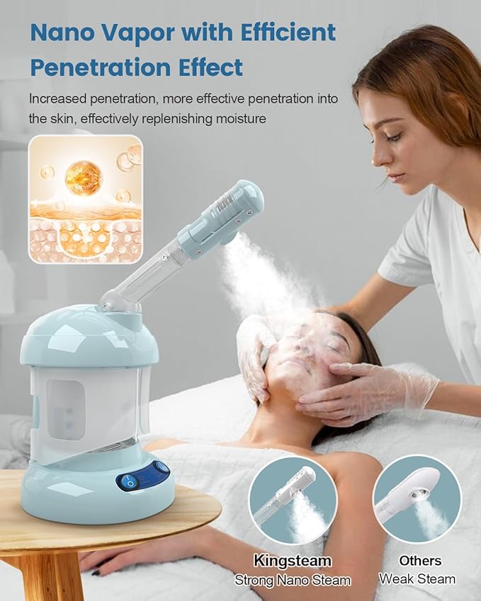 Kingsteam Tabletop Facial Steamer - Ozone Steamer with 360° Rotatable Arm - Professional Nano Ionic Facial Steamer for Deep Cleaning - Portable for Personal Care Use at Home or Salon Blue