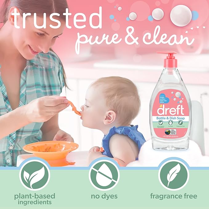 Dreft Bottle and Dish Soap | Made to Clean Baby BottlesSippy CupsPacifiersBreast Pumps&amp More | Gently Removes Milk Film &amp Odors-| Plant BasedFragrance Free Dish Soap-| 18 Fl Oz(Pack of 6