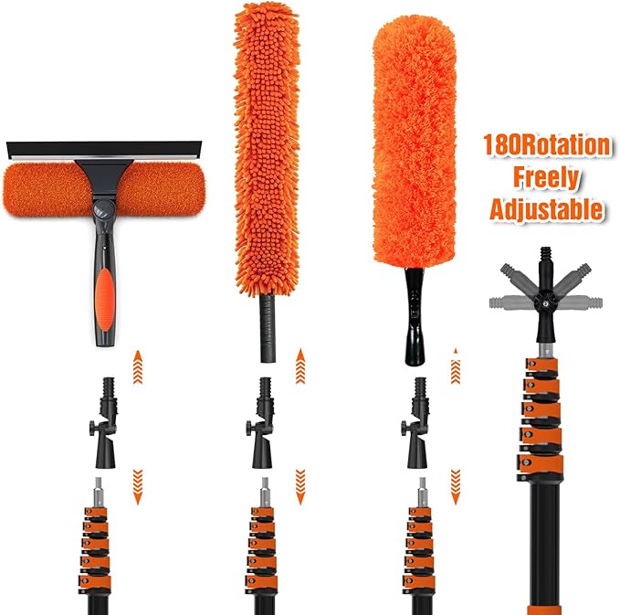 30FT High Ceiling Duster Kits with 5-24FT Telescoping Extension Pole - Fan Blade Cleaner Cobweb Remover &amp Window Cleaning Kit Washable Dust Brush for High Roof and Glass Surfaces