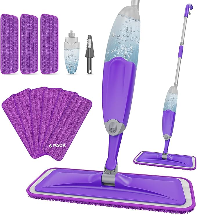 HOMTOYOU Spray Mops with 9 Reusable Pads: Wet Mop for Hardwood Tile Wood Laminate Vinyl - Absorbs Pet Hair Dust