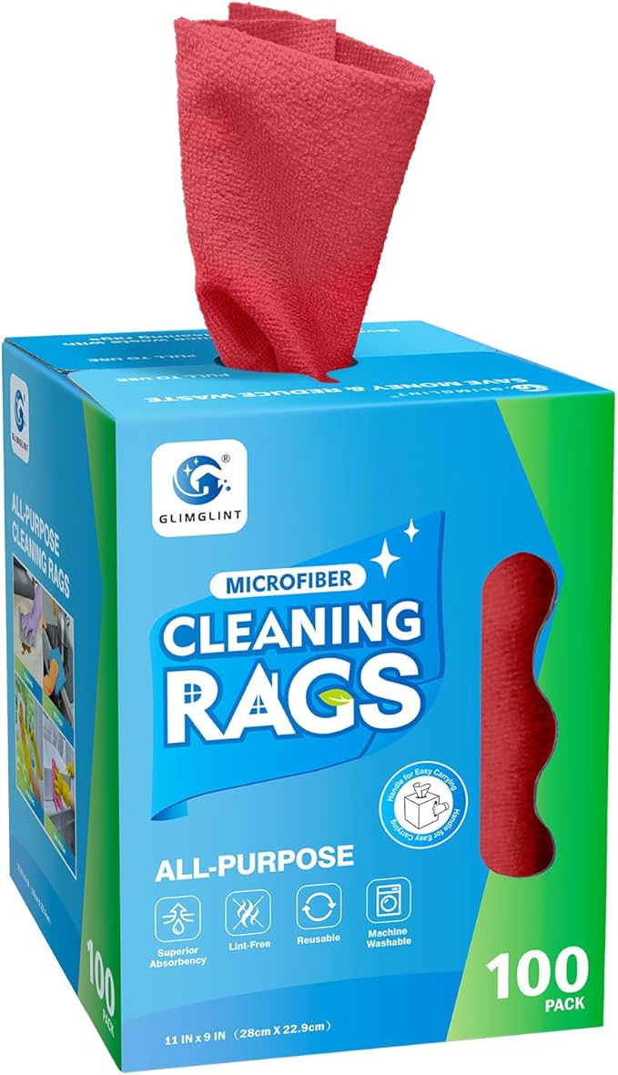 GLIMGLINT Red Microfiber Cleaning Cloth 100 Pack Cleaning Rags Lint-Free Ultra Absorbent Reusable Paper Towels for Home Kitchen Car Garage or Shop Dish Rags 11 x 9