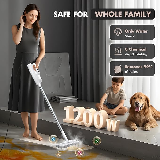 YKYI Steam Mop Detachable 10 in 1 Multipurpose Steamer with 11 Attachments Handheld Steam Cleaner for Home Hardwood Floors Laminate Marble Tile Grout Carpet Windows Cleaning (Light White)