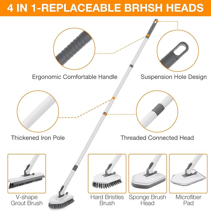 4 in 1 Shower Scrubber Cleaning Brush Tub and Tile Scrubber with Long Handle Grout Brush Stiff Bristles Scrub Sponge Brushes Microfiber Pad for Toilet Bathroom Kitchen Wall Floor Glass Bathtub Sink