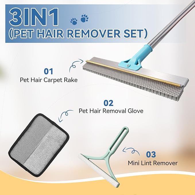 BFNN Carpet Rake for Pet Hair Removal | Reusable Dual-Action Carpet Broom Tool with Metal Scraper &amp Silicone Brush | 54 Adjustable Handle | 3Pcs Cat &amp Dog Fur Cleaning Kit for Rugs Couch &am