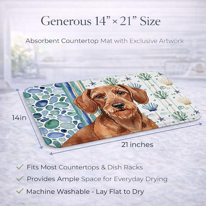 Caroline's Treasures Wirehaired Red Dachshund Coastal Sea Glass Dish Drying Mat Absorbent Dish Drying Mat Pad for Kitchen Counter Dish Drainer Mat for Countertop 14 x 21 Multicolor