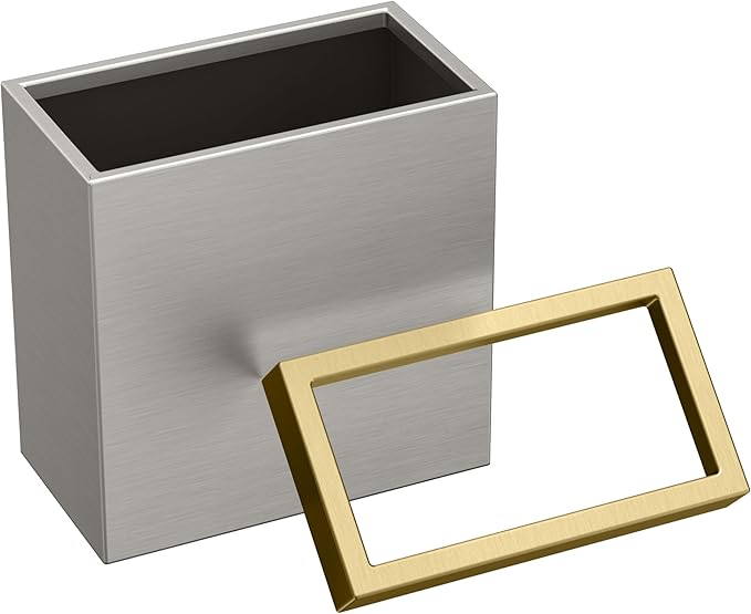Gatco Small Bathroom Trash Can with Lid Rectangle 3 Gallon Stainless Steel Wastebasket Under Sink Satin Nickel and Brushed Brass for Bathroom Bedroom Office (1917B)