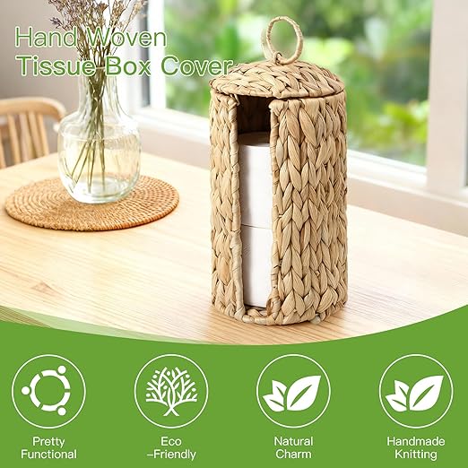 Wicker Waste Basket and Toilet Paper Holder 2.5 Gal Handwoven Water Hyacinth Trash Can with Lid Garbage Bin Toilet Paper Storage Woven Rustic Decorative for Bedroom Bathroom Office Living Room
