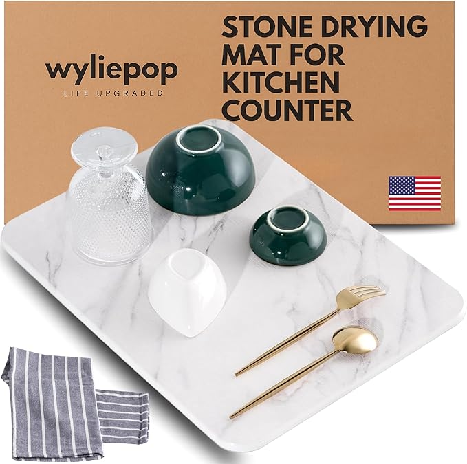 Stone Drying Mat for Kitchen Counter – Diatomaceous Earth Dish Drying Stone (White Marble) – Modern Countertop Drying Rack – Water Absorbent Heat Resistant Non-Slip Kitchen Mat with Towel (16x12)