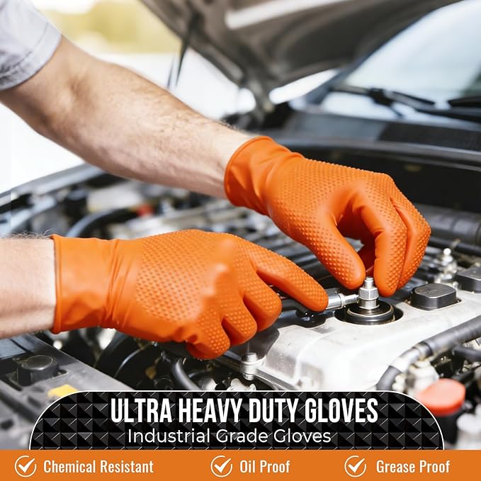 10 Mil Nitrile Disposable Gloves Heavy Duty Mechanic Gloves Raised Diamond Texture Thick (Orange of 1000X-Large)