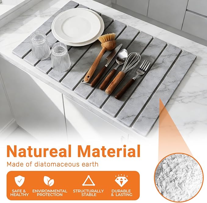 Dish Drying Mats Large 24x16 Inch Diatomaceous Earth Drying Mat / Fast-AbsorbingNon-Slip Stone Drying Mat For Kitchen Counter / Eco-Friendly for Dishes (Gray Marble)