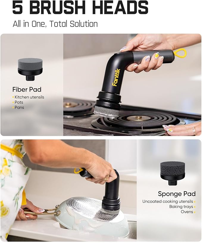 Fanttik G9 Handy Cordless Electric Spin Scrubber MagnaStorm Motor Dual-Speed 5 Brush Heads LED Display IPX7 Waterproof 2500mAh with Type-C Charging for Kitchen Sink Tile Stove