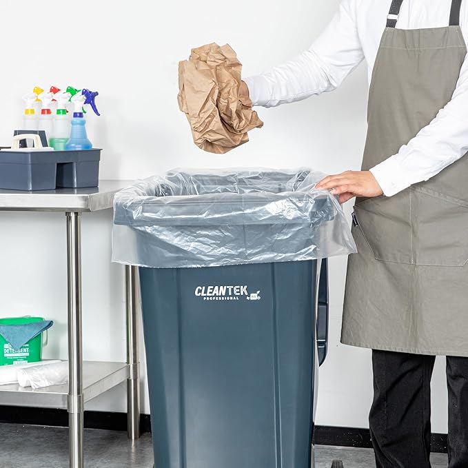 Restaurantware-RW Clean 45 Gallon Trash Bags 100 Heavy-Duty Garbage Can Liners- Fits 40-45 Gallon Trash Cans Stretchable Clear Plastic Bin liners with Star Seal Bottom