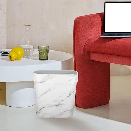 BESPORTBLE Marble Pattern Oval Narrow Trash Can Lidless Wastebasket for Bathroom Bedroom Kitchen Plastic Rubbish Bin with Stain-Resistant Surface Contemporary Design for Hotels and Vacation