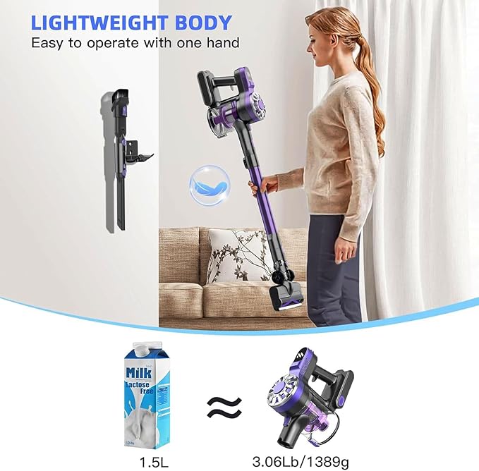 Cordless Vacuum Cleaner for HomeLightweight Stick Vacuum Cordless Rechargeable with Power Suction Up to 35 Mins Runtime Hardwood Floor Vacuum for Pet HairCarpetsTile(Black)