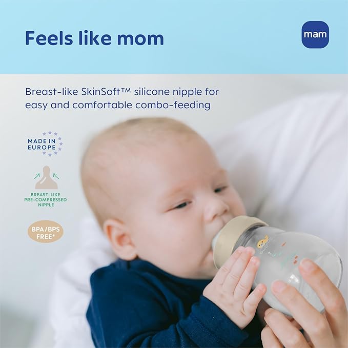 MAM 9oz Premium Glass Wide Neck Baby Bottle with Medium Flow Breastfeeding-Like Silicone Nipple Easy to Clean BPA Free 2+ Months Easy Switch Between Breast and Bottle Made in Europe 3 Pack