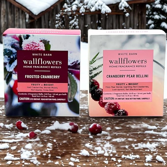 Bath &amp Body Works FROSTED CRANBERRY &amp CRANBERRY PEAR BELLINI Wallflowers Home Fragrance Refill 2pc bundle Gift Set with 30-Inch Red &amp White Candy Cane-Striped Holiday Ribbon Bow – Winter S