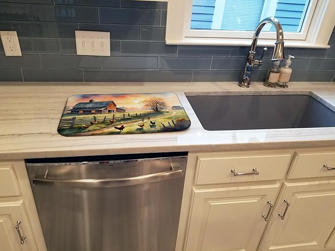 Caroline's Treasures Chicken Farmyard Sunrise Dish Drying Mat Absorbent Dish Drying Mat Pad for Kitchen Counter Dish Drainer Mat for Countertop 14 x 21 Multicolor