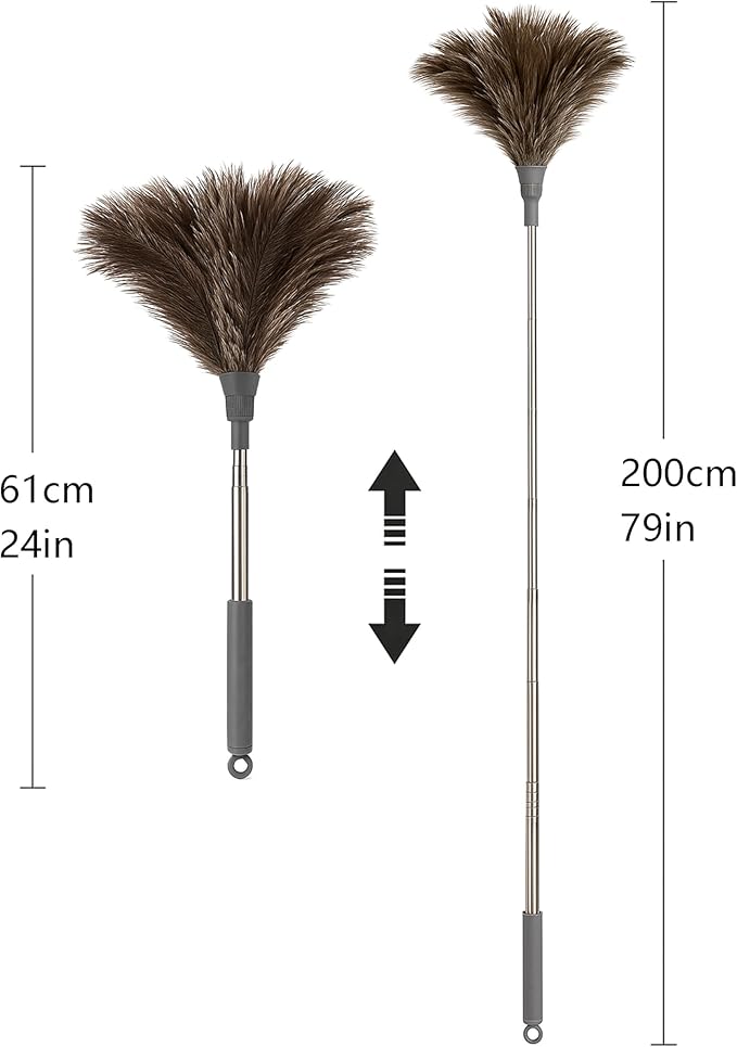 Ostrich Feather Duster 79 Inch (2m) Extra Long Extendable Telescopic Handle Cleaning Tool Natural Soft Feather Brush for High Ceiling Fan High Shelves and Home Cleaning