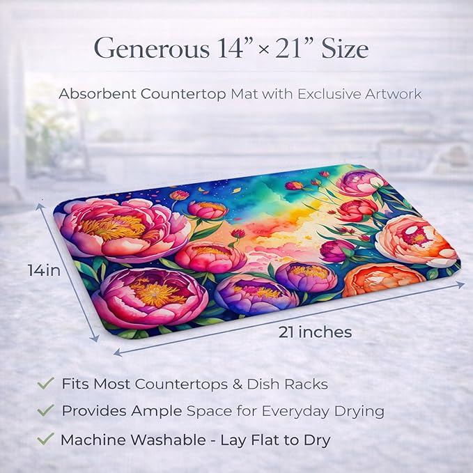 Caroline's Treasures DAC1451DDM Peonies in Color Dish Drying Mat Absorbent Dish Drying Mat Pad for Kitchen Counter Dish Drainer Mat for Countertop 14 x 21 Multicolor
