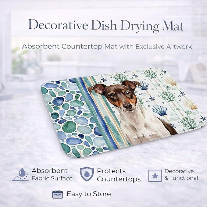 Caroline's Treasures Chocolate and White Rat Terrier Coastal Sea Glass Dish Drying Mat Absorbent Dish Drying Mat Pad for Kitchen Counter Dish Drainer Mat for Countertop 14 x 21 Multicolor