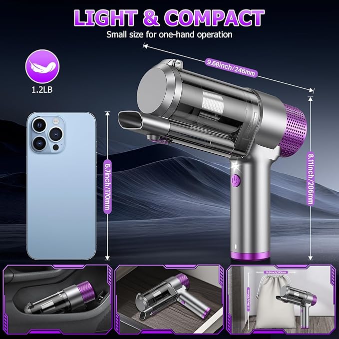 EYYA Handheld Car Vacuum Cleaner Cordless 16000PA Powerful Hand Held Vacuum Cordless Rechargeable 4-in-1 Portable Mini Vacuum &amp Air Duster with Multi-Nozzles and LED Light for Car Home Office