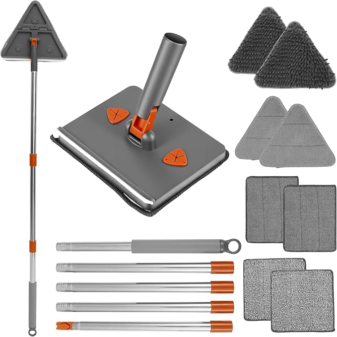 Baseboard Cleaner Tool with HandleFolding Wall Mop with 79 Extension Pole Swivel Wall Cleaner Mop with Squeegee 8 Reusable Pads for Baseboard Wall Ceiling Window Floor Furniture