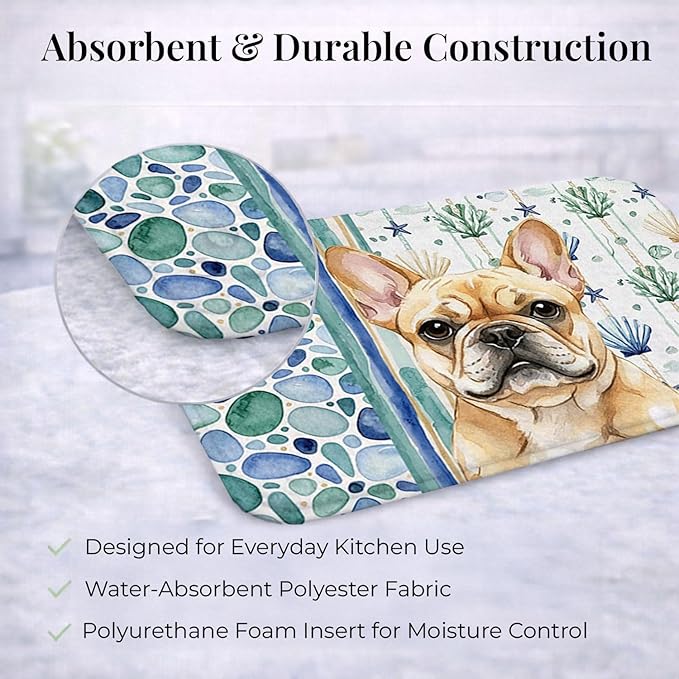 Caroline's Treasures Fawn French Bulldog Coastal Sea Glass Dish Drying Mat Absorbent Dish Drying Mat Pad for Kitchen Counter Dish Drainer Mat for Countertop 14 x 21 Multicolor