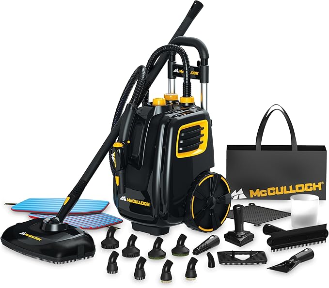McCulloch MC1385 Deluxe Canister Steam Cleaner 2-Hour Runtime Chemical-Free 23 Accessories: Mop Head Brushes &amp More - Built for Home Tile Carpet Furniture &amp Personal Car Detailing