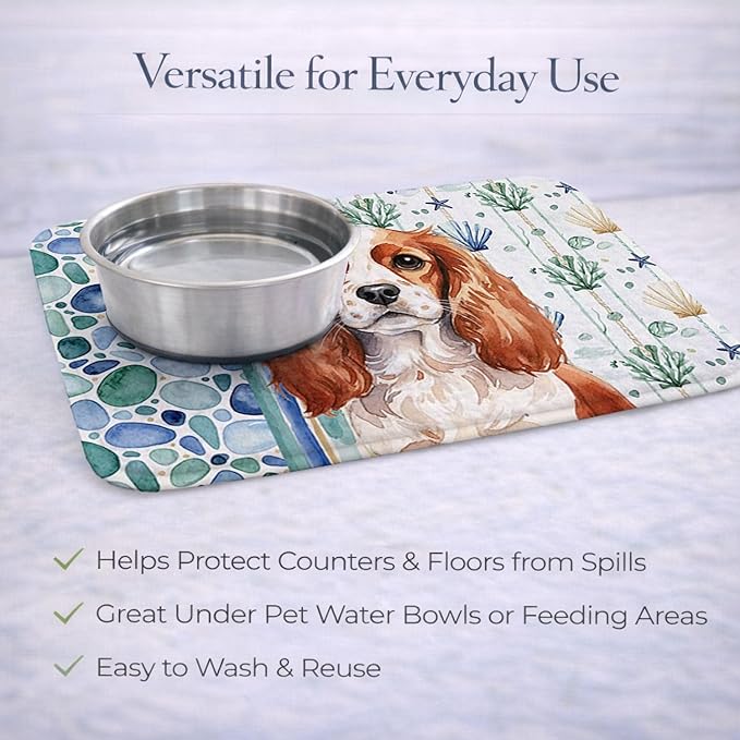 Caroline's Treasures Blenheim English Toy Spaniel Coastal Sea Glass Dish Drying Mat Absorbent Dish Drying Mat Pad for Kitchen Counter Dish Drainer Mat for Countertop 14 x 21 Multicolor