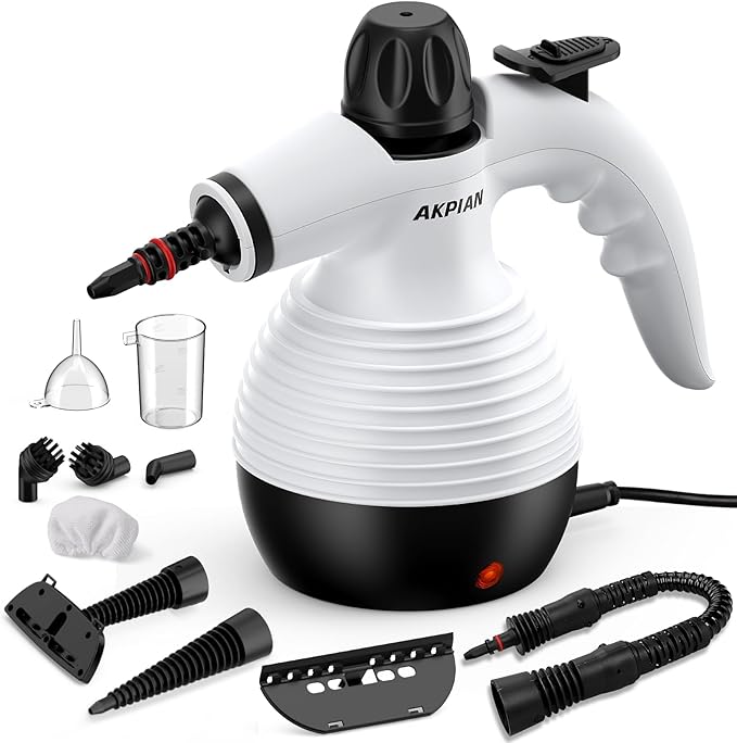 Steamer for Cleaning Multipurpose Portable Steam Cleaners for Home Use with Safety Lock and 10 Accessory Kit to Remove Grime Grease and More (Black) (White)