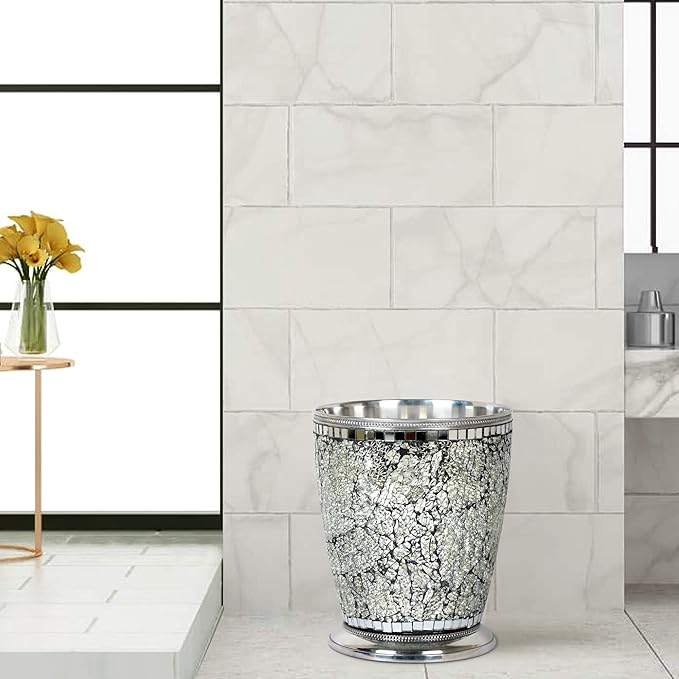 nu steel Iceberg Ice Collection Wastebasket Small Round Vintage Trash Can for Bathroom Bedroom Dorm College Office 8.5 x 8.5 x 10.4 Silver Mosaic Finish
