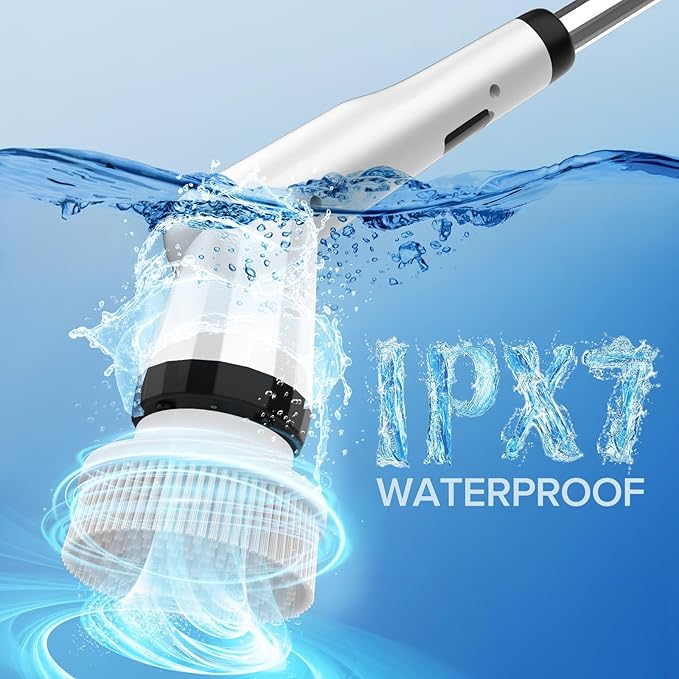Electric Spin Scrubber Dreazu IPX7 Shower Scrubber with 7 Replaceable Brush Heads &amp Retractable Handle 2-Speed Adjustable Shower Cleaner for BathroomToilet Bathtub Kitchen Tile Floors