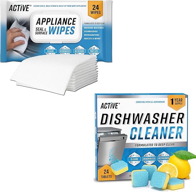 ACTIVE Dishwasher Cleaner and Appliance Cleaner Wipes - Includes 24ct Disposal Cleaning Tablets and 24pk Appliance Surface Wipes