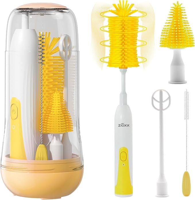 Electric Bottle Brush Cleaner Portable Electric Baby Bottle Brush Cleaner for Travel Rechargable Travel Bottle Cleaner Kit with Nipple &amp Straw Brush Perfect Mom Essentials After Birth Gift Yel