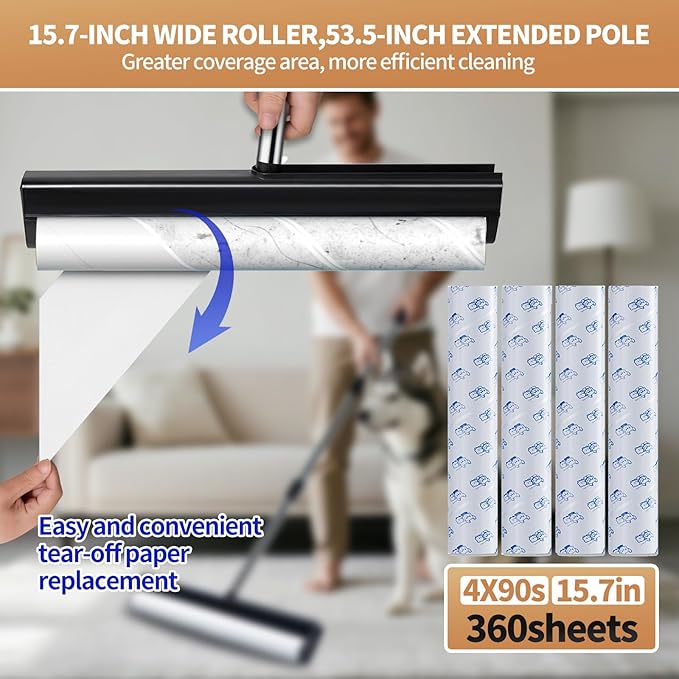 Large Lint Rollers for Carpet 15.74 in Extra Sticky Rollers for Floor with 4 Extendable Handle Long Handle Sticky Mop for Cleaning Carpet Car ClothesDog and Cat Pet Hair Remover with 360 Sheets