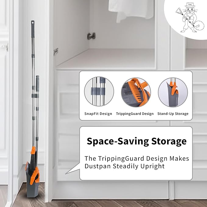 Broom and Dustpan Set with 51'' Long Handle Upright Broom and Dustpan Combo for Home Kitchen Office Restaurant Garage Lobby Dog Cat Pets Hair - Grey and Orange