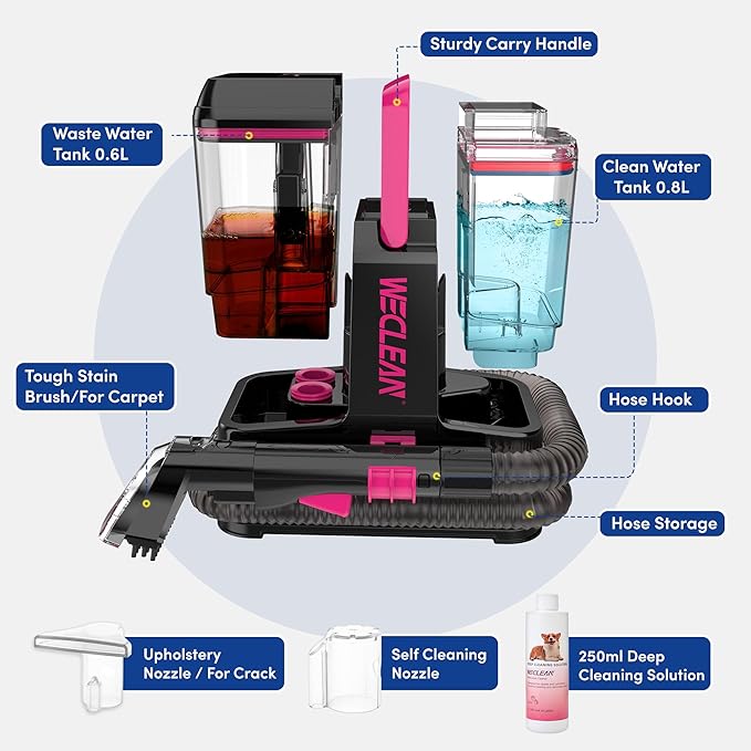 WECLEAN C5 Portable Carpet Cleaner Upholstery Deep Cleaner Deep Cleaning for CarpetCar Couch with Deep Cleaning SolutionBlackpink