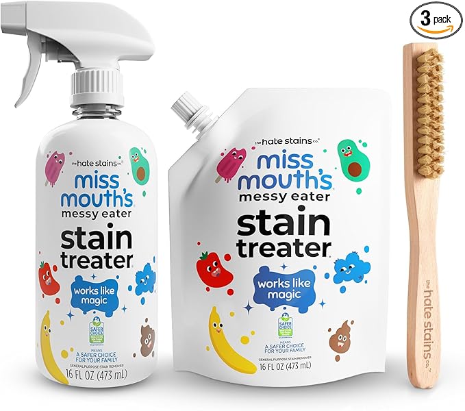 Miss Mouth's Messy Eater Stain Treater Bundle - 16oz Spray Bottle 16oz Refill Pouch &amp Laundry Brush - Baby Stain Remover for Clothes Carpet &amp Fabric