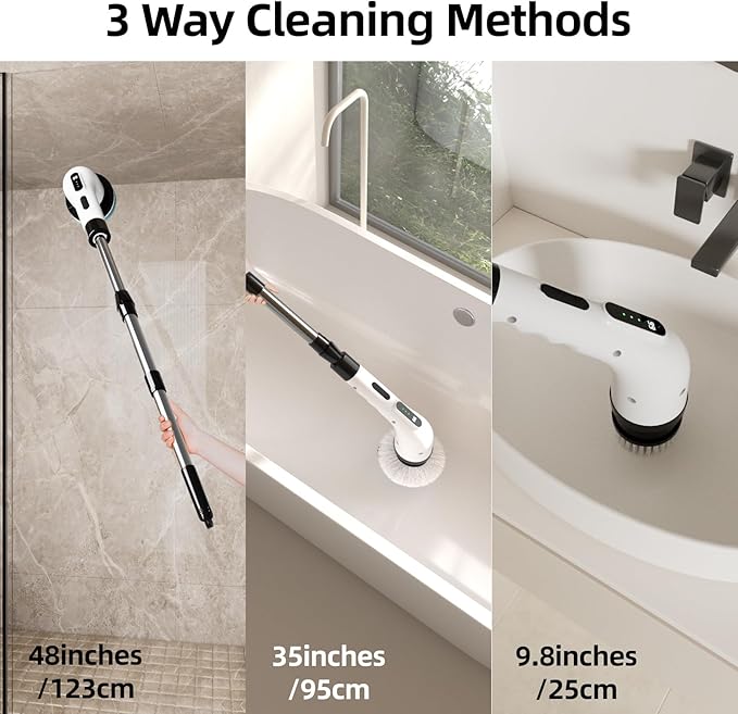 Electric Spin Scrubber for Cleaning 9 in 1 Changeable Bathroom Scrubber with Power Display Long Cordless Cleaning Brush Cordless Shower Cleaner Brush for Bathtub Kitchen Wall Cleaning