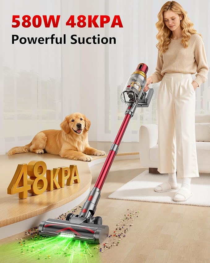 Cordless Vacuum Cleaner 580W 48Kpa 65Mins Vacuum Cleaner for Home Stand-Free Stick Vacuum OLED Display Auto Scrap Dust Tech Lightweight Anti-Tangle Vacuum Cordless for Woodfloor Carpet Pet Hair